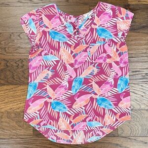 Pink Rose Multicolor Feather Print Top